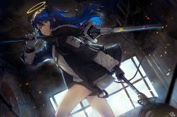 Rule 34 | 1girl, arknights, artist name, blue eyes, blue hair, closed mouth, commentary, fur, fur trim, gloves, grey gloves, hair between eyes, halo, holding, holding weapon, hood, horns, indoors, jacket, long hair, long sleeves, looking at viewer, mostima (arknights), nagu, open clothes, room, shirt, shorts, smile, solo, standing, tail, weapon, white shirt, window