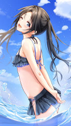 Rule 34 | 1girl, ;d, arms behind back, bikini, black bikini, black hair, blue sky, blush, breasts, cloud, floating hair, frilled bikini, frills, highres, idolmaster, idolmaster shiny colors, looking at viewer, mitsumine yuika, nagmilk, one eye closed, open mouth, own hands together, partially submerged, round teeth, sky, small breasts, smile, solo, splashing, swimsuit, teeth, twintails, wading