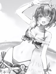 Rule 34 | 1girl, ;d, absurdres, arm up, belt, bikini, blush, breasts, cleavage, clothes pull, collarbone, dutch angle, greyscale, hair between eyes, hairband, hat ornament, head tilt, highres, hololive, looking at viewer, medium breasts, monochrome, nanashi (nlo), navel, one eye closed, open mouth, short hair, shorts, shorts pull, smile, solo, sparkle, star (symbol), star hat ornament, stomach, striped bikini, striped clothes, subaru duck, swimsuit, tokino sora, virtual youtuber, wristband