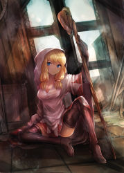Rule 34 | 1girl, blonde hair, blue eyes, blush, boots, breasts, cleavage, final fantasy, final fantasy tactics, gloves, hood, kara (color), long hair, revision, robe, seductive smile, sitting, smile, solo, spread legs, staff, thigh boots, thighhighs, twintails, white mage, white mage (fft), white mage (final fantasy)