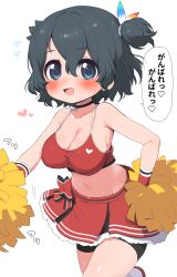 Rule 34 | 1girl, absurdres, alternate costume, bare shoulders, bike shorts under skirt, black choker, black hair, blue eyes, blush, bow, bow skirt, breasts, cheerleader, choker, commentary request, crop top, flying sweatdrops, heart, highres, kaban (kemono friends), kemono friends, large breasts, looking at viewer, midriff, navel, open mouth, pleated skirt, pom pom (cheerleading), ransusan, red bow, red ribbon, red shirt, red skirt, ribbon, shirt, short hair, side ponytail, skirt, sleeveless, smile, solo, sweat, translation request