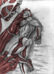 Rule 34 | 2boys, armored titan, bara, colossal titan, giant, giant monster, greyscale, kaijuu, monochrome, monster, multiple boys, muscular, no pupils, nude, red eyes, shingeki no kyojin, titan (shingeki no kyojin)
