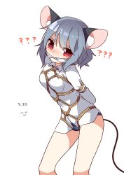 Rule 34 | 1girl, absurdres, animal ears, bare legs, bdsm, blush, bondage, bound, gag, grey hair, highres, kozakura (dictionary), mouse ears, mouse tail, nazrin, panties, red eyes, rope, short hair, simple background, solo, tail, touhou, underwear, white background