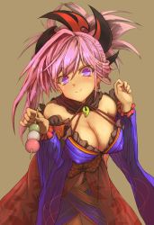 Rule 34 | 1girl, bad id, bad twitter id, breasts, cleavage, covered erect nipples, dango, detached collar, detached sleeves, earrings, fate/grand order, fate (series), food, highres, jewelry, large breasts, looking at viewer, magatama, miyamoto musashi (fate), miyamoto musashi (third ascension) (fate), osobachan, pendant, pink hair, purple eyes, solo, wagashi, wide sleeves
