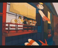 Rule 34 | animal focus, balcony, bird, chimecho, closed mouth, commentary request, creatures (company), day, closed eyes, fangs, fangs out, game freak, gen 1 pokemon, gen 2 pokemon, gen 3 pokemon, letterboxed, meowth, nintendo, outdoors, pidgey, pokemon, sleeping, smile, unitako (unitacowow), yanma