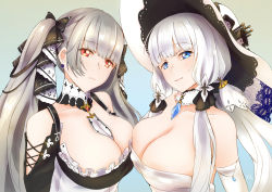 Rule 34 | 2girls, asymmetrical docking, azur lane, bare shoulders, between breasts, black dress, black ribbon, blue eyes, blue gemstone, breast press, breasts, cleavage, detached collar, dress, elbow gloves, formidable (azur lane), frilled dress, frills, gem, gloves, gothic lolita, gradient background, grey hair, hair ribbon, hat, highres, illustrious (azur lane), large breasts, lolita fashion, long hair, looking at viewer, multiple girls, neckwear between breasts, red eyes, ribbon, simple background, sleeveless, sleeveless dress, strapless, strapless dress, sun hat, tress ribbon, tri tails, twintails, two-tone dress, two-tone ribbon, upper body, very long hair, white gloves, white hair, white headwear, white neckwear, yilan un