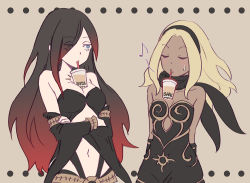 Rule 34 | 2girls, anbe yoshirou, annoyed, bare shoulders, belt, black hair, blonde hair, blue eyes, blush, breasts, bubble tea, bubble tea challenge, cleavage, commentary request, crossed arms, crow (gravity daze), cup, dark-skinned female, dark skin, detached sleeves, drinking, drinking straw, eyes visible through hair, floating, gravity daze, hair over one eye, hairband, kitten (gravity daze), long hair, looking at another, midriff, multicolored hair, multiple girls, musical note, navel, o3o, red hair, scarf, simple background, stomach, sweatdrop, two-tone hair, upper body