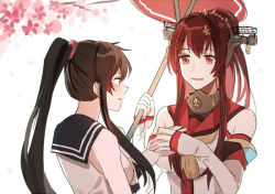 Rule 34 | 10s, 2girls, bad id, bad pixiv id, black hair, brown eyes, brown hair, cherry blossoms, eye contact, female focus, flower, gloves, hair flower, hair ornament, hand grab, holding, holding hands, kantai collection, long hair, looking at another, multiple girls, oil-paper umbrella, open mouth, ponytail, red medicine, simple background, sleeveless, smile, umbrella, upper body, yahagi (kancolle), yamato (kancolle), yuri