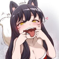 Rule 34 | 1girl, ahri (league of legends), animal ears, artist name, black hair, blush, breasts, cleavage, facial mark, fangs, finger in own mouth, fox ears, fox girl, fox tail, gradient background, heart, large breasts, league of legends, lolboja, long hair, solo, speech bubble, tail, teeth, tongue, tongue out, whisker markings, yellow eyes