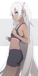 Rule 34 | 1girl, :o, ass, bare arms, bare shoulders, bike shorts, black shorts, blue eyes, commentary request, dark-skinned female, dark skin, flat chest, from side, hair between eyes, hand on own chest, kasshoku-chan (katuo1129), long hair, looking at viewer, looking to the side, original, parted lips, shorts, solo, sports bra, twintails, two-tone background, unimon e, v, very long hair, white hair