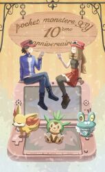 Rule 34 | 1boy, 1girl, anniversary, arm support, black footwear, blonde hair, blue jacket, boots, bracelet, calem (pokemon), chespin, commentary request, copyright name, creatures (company), crossed legs, cup, eyewear on headwear, fennekin, froakie, game freak, gen 6 pokemon, grey pants, hand up, handheld game console, hat, highres, holding, holding cup, im i masa, jacket, jewelry, long hair, low-tied long hair, nintendo, nintendo 3ds, pants, pink headwear, pleated skirt, pokemon, pokemon (creature), pokemon xy, serena (pokemon), shirt, shoes, sitting, skirt, sleeveless, sleeveless shirt, starter pokemon trio, sunglasses, thighhighs, zipper pull tab