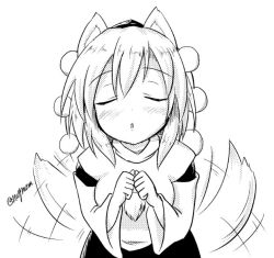 Rule 34 | 1girl, animal ears, blush, breasts, detached sleeves, closed eyes, greyscale, hat, incoming kiss, inubashiri momiji, kiss, looking at viewer, monochrome, pom pom (clothes), short hair, signature, simple background, skirt, small breasts, solo, tail, tail wagging, taurine 8000mg, tokin hat, touhou, white background, wolf ears, wolf tail