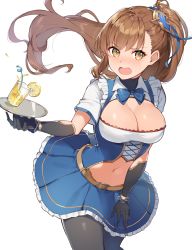 Rule 34 | 1girl, beatrix (granblue fantasy), black gloves, black pantyhose, blue shirt, blue skirt, bow, bowtie, breasts, brown eyes, brown hair, circle skirt, cleavage, clothing cutout, collared shirt, cup, drinking glass, drinking straw, floating hair, frilled skirt, frills, frown, gloves, granblue fantasy, hair ornament, large breasts, long hair, looking at viewer, miniskirt, navel, open mouth, pantyhose, ponytail, rikoma, shirt, short sleeves, simple background, skirt, solo, stomach, stomach cutout, tray, white background