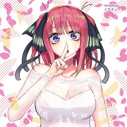 Rule 34 | 1girl, absurdres, blue eyes, blunt bangs, breasts, bride, butterfly hair ornament, dress, go-toubun no hanayome, hair ornament, highres, lace, large breasts, looking at viewer, multicolored nails, nail polish, nakano nino, ninochuu, parted lips, pink hair, twintails, v, wedding dress