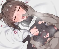 Rule 34 | 1boy, 1girl, absurdres, bed sheet, black bodysuit, black sailor collar, blush, bodysuit, breasts, brown hair, closed eyes, clothed female nude male, commentary request, finger in another&#039;s mouth, foreshortening, hatsuzuki (kancolle), heart, hetero, highres, kantai collection, medium breasts, nipples, nose blush, nude, open mouth, sailor collar, saliva, sex, shiawase hougan, solo focus, sweat, tongue, torn bodysuit, torn clothes