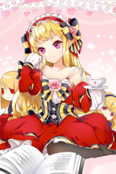 Rule 34 | 1girl, blonde hair, book, bow, child, cinia pacifica, cocoon (loveririn), corset, cup, dress, flat chest, flower, frills, hairband, heart, long hair, lowres, pantyhose, pink eyes, red dress, ribbon, rose, sitting, smile, solo, striped, sword girls, teacup