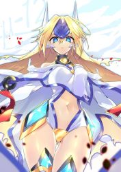 Rule 34 | 1girl, bare shoulders, blazblue, blonde hair, blue eyes, breasts, character name, closed mouth, cowboy shot, crotch plate, detached sleeves, floating hair, from below, gluteal fold, headgear, leotard, long hair, long sleeves, looking at viewer, looking down, medium breasts, mu-12, navel, oota minoru, outstretched arms, parted bangs, solo, spread arms, stomach, thighhighs, turtleneck