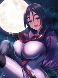 Rule 34 | 1girl, bodysuit, breasts, fate/grand order, fate (series), fingerless gloves, fukai ryosuke, gloves, large breasts, long hair, looking at viewer, low-tied long hair, minamoto no raikou (fate), open mouth, parted bangs, purple bodysuit, purple eyes, purple hair, ribbed sleeves, smile, solo, very long hair