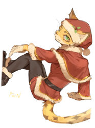 Rule 34 | 1boy, artist name, black footwear, cheetah boy, cheetah ears, cheetah print, cheetah tail, commentary request, furry, furry male, gloves, green eyes, hat, highres, kun blackcat, looking at viewer, male focus, mixed-language commentary, santa costume, santa hat, smile, tokyo houkago summoners, white background, white gloves, young ose (housamo)