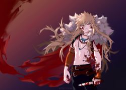 Rule 34 | 1boy, absurdres, bakugou katsuki, belt, blonde hair, blood, blood on face, blush, boku no hero academia, freckles, highres, jewelry, knife, long hair, looking at viewer, muscular, necklace, pants, red eyes, seoltang (nitro sugar), simple background, solo, spiked hair, twitter username