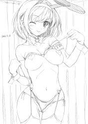 Rule 34 | 1girl, animal ears, bare shoulders, bikini, blush, breasts, rabbit ears, covered erect nipples, garter straps, greyscale, hair ribbon, hairband, haruhisky, heart pasties, highres, large breasts, lineart, monochrome, one eye closed, pasties, ribbon, short hair, smile, solo, suzumiya haruhi, suzumiya haruhi no yuuutsu, swimsuit, thigh gap, thighhighs