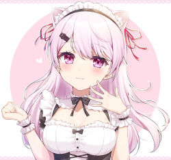 Rule 34 | 1girl, :3, absurdres, animal ear fluff, apron, breasts, cleavage, closed eyes, closed mouth, frilled apron, frills, hair ornament, hairclip, highres, large breasts, long hair, looking at viewer, maid, nijisanji, pink eyes, pink hair, red eyes, shiina yuika, shiina yuika (5th costume), solo, underbust, upper body, virtual youtuber, wrist cuffs, zky (oekaky)