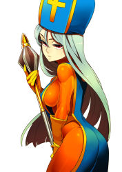 Rule 34 | 1girl, bad id, bad pixiv id, blue hair, bodysuit, breasts, chunsoft, dragon quest, dragon quest iii, enix, gloves, hat, large breasts, latex, latex suit, long hair, mitre, priest (dq3), red eyes, sideboob, skin tight, solo, staff, tabard, weapon, zakki
