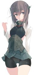 Rule 34 | 10s, 1girl, armor, breastplate, brown eyes, brown hair, collarbone, crotch, green skirt, headgear, highres, kantai collection, long sleeves, nao (qqqbb), pleated skirt, simple background, skin tight, skirt, solo, taihou (kancolle), thigh gap, white background