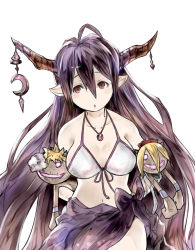 Rule 34 | 10s, 1girl, antenna hair, bad id, bad pixiv id, bandages, bikini, black hair, breasts, cleavage, crescent, danua, doll, draph, female focus, front-tie top, granblue fantasy, hair between eyes, highres, horn ornament, horns, jewelry, large breasts, long hair, mikihiro, necklace, pointy ears, red eyes, sarong, simple background, solo, swimsuit, very long hair, white background