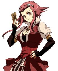 Rule 34 | 00s, brown eyes, card, dress, drill, elbow gloves, gloves, holding, holding card, izayoi aki, jewelry, necklace, red hair, short hair, short hair with long locks, solo, yu-gi-oh!, yu-gi-oh! 5d&#039;s, yu-gi-oh (card)