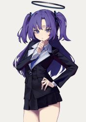 Rule 34 | 1girl, :i, absurdres, blue archive, blue necktie, halo, hand on own hip, hand on own chin, highres, long hair, miniskirt, necktie, no jacket, purple hair, school uniform, short twintails, simple background, skirt, solo, thighs, twintails, yoon cook, yuuka (blue archive)