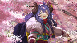 Rule 34 | 1girl, :d, ahoge, baisonhakusyaku, bow, braid, cherry blossoms, fur trim, gloves, hair bow, highres, horns, japanese clothes, kimono, kindred (league of legends), lamb (league of legends), league of legends, long hair, long sleeves, open mouth, pink eyes, pink gloves, ribbon-trimmed kimono, sideways glance, smile, spirit blossom kindred, teeth, tongue, twin braids, upper body, yellow bow