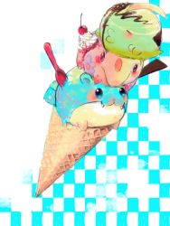 Rule 34 | (-3-), :3, blush, checkered background, cherry, chocolate, creature, creature as food, creatures (company), dessert, food, food focus, fruit, game freak, gen 3 pokemon, gen 5 pokemon, gii (artist), gulpin, ice cream, munna, nintendo, no humans, nut (food), pokefood, pokemon, pokemon (creature), spheal, spoon, stacking, tegaki, whipped cream