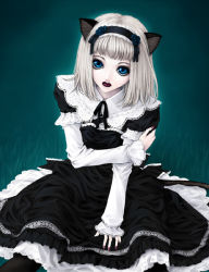 Rule 34 | 1girl, animal ears, between legs, black dress, black pantyhose, blue eyes, cat ears, cat tail, dress, expressionless, frilled dress, frills, goth fashion, gothic lolita, hairband, hand between legs, holding own arm, kunishige keiichi, lace, lipstick, lolita fashion, lolita hairband, long sleeves, looking at viewer, makeup, neck ribbon, nocturne, nocturne (kunishige keiichi), original, pantyhose, ribbon, silver hair, sitting, solo, tail