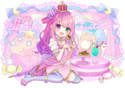 Rule 34 | 1girl, asymmetrical legwear, blush, bracelet, candy hair ornament, chocomarybadend, crescent, crescent necklace, crown, detached sleeves, dress, english text, food, food-themed hair ornament, frilled dress, frilled skirt, frilled thighhighs, frills, full body, gradient hair, green eyes, hair ornament, hair rings, heterochromia, high heels, himemori luna, himemori luna (1st costume), holding, holding food, hololive, jewelry, long hair, looking at viewer, mini crown, miniskirt, mismatched legwear, multicolored hair, necklace, one side up, open mouth, pendant, pink dress, pink hair, pink skirt, pleated skirt, princess, puffy short sleeves, puffy sleeves, purple eyes, shoes, short dress, short sleeves, sitting, skirt, sleeveless, sleeveless dress, smile, solo, spaghetti strap, star (symbol), star necklace, striped clothes, striped thighhighs, takoyaki, teeth, thighhighs, upper teeth only, vertical-striped clothes, vertical-striped thighhighs, virtual youtuber, wariza, wavy hair, white sleeves