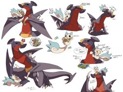 Rule 34 | anger vein, arrow (symbol), bad id, bad twitter id, berry (pokemon), black sclera, claws, closed mouth, colored sclera, commentary request, creatures (company), eating, fangs, fangs out, game freak, garchomp, gen 2 pokemon, gen 4 pokemon, highres, holding, looking back, may (mei), nintendo, no humans, open mouth, oran berry, pachirisu, pokemon, pokemon (creature), sparkle, spikes, teeth, tongue, translation request, tyranitar, upper teeth only, white background, yellow eyes