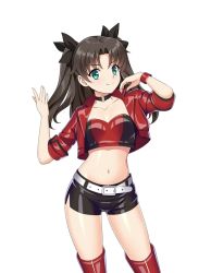 Rule 34 | 1girl, bandeau, belt, black hair, black ribbon, black skirt, breasts, collarbone, commission, cowboy shot, cropped jacket, fate/stay night, fate (series), green eyes, hair ribbon, jacket, long hair, midriff, miniskirt, navel, official alternate costume, race queen, red jacket, ribbon, simple background, skirt, small breasts, solo, sony kisaragi, standing, tohsaka rin, two side up, white background, white belt