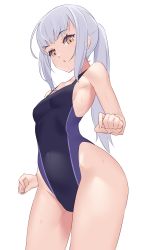 Rule 34 | 1girl, bare shoulders, black one-piece swimsuit, blush, breasts, collarbone, competition swimsuit, covered navel, melusine (fate), fate/grand order, fate (series), forked eyebrows, highleg, highleg swimsuit, highres, jilu, long hair, looking at viewer, one-piece swimsuit, open mouth, ponytail, sidelocks, small breasts, solo, swimsuit, thighs, white background, white hair, yellow eyes