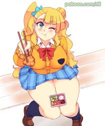 Rule 34 | 1girl, asymmetrical bangs, asymmetrical hair, black socks, blonde hair, blue eyes, blush, bow, bowtie, breasts, chicken (food), chopsticks, closed mouth, earrings, eating, food, fried chicken, from above, galko, hair bun, hair ornament, hair scrunchie, jewelry, kneehighs, knees together feet apart, large breasts, legs, long hair, long sleeves, looking at viewer, nail polish, one eye closed, oshiete! galko-chan, pleated skirt, red bow, red bowtie, rtil, school uniform, scrunchie, shoes, side ponytail, simple background, single hair bun, single side bun, sitting, skirt, socks, solo, thighs, white background
