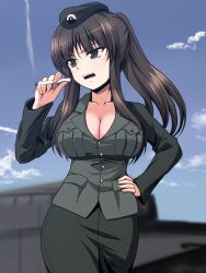 Rule 34 | 1girl, absurdres, beret, black eyes, black hair, black hat, black jacket, black skirt, blue sky, blunt bangs, breasts, cigarette, cleavage, cloud, cloudy sky, commentary, cowboy shot, day, emblem, frown, girls und panzer, hand on own hip, hat, highres, holding, holding cigarette, jacket, japanese tankery league (emblem), kamishima kanon, large breasts, long hair, long sleeves, looking to the side, military hat, military uniform, military vehicle, miniskirt, motor vehicle, nishizumi shiho, no shirt, open mouth, outdoors, pencil skirt, ponytail, selection university military uniform, sidelocks, skirt, sky, smoke, solo, standing, straight hair, tank, uniform