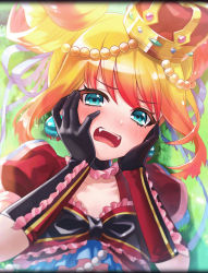 Rule 34 | 1girl, aqua eyes, artist request, black gloves, blonde hair, blush, colored tips, crown hair ornament, double bun, earrings, gloves, hair ornament, hair ribbon, hair up, hands on own cheeks, hands on own face, highres, jewelry, multicolored hair, necklace, official art, open mouth, perun, phantom of the kill, ribbon