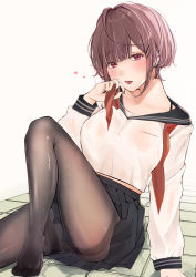 Rule 34 | 1girl, absurdres, arm support, bad id, bad pixiv id, black nails, black pantyhose, black sailor collar, black skirt, blouse, brown hair, commentary request, ear piercing, hand up, heart, highres, knee up, long sleeves, looking at viewer, midriff peek, mole, mole on neck, nail polish, neckerchief, on floor, original, pantyhose, parted lips, piercing, pleated skirt, red eyes, red neckerchief, sailor collar, school uniform, serafuku, shirt, short hair, simple background, sitting, skirt, solo, thighs, tile floor, tiles, tongue, tongue out, tongue piercing, uiri-na, undone neckerchief, white background, white shirt