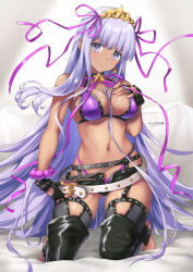 Rule 34 | 1girl, bare shoulders, bb (fate), bb (fate) (all), bb (swimsuit mooncancer) (fate), bb (swimsuit mooncancer) (second ascension) (fate), bead bracelet, beads, belt, bikini, black gloves, black shorts, black thighhighs, blush, bracelet, breasts, cleavage, closed mouth, collarbone, earrings, fate/grand order, fate (series), fingerless gloves, garter belt, garter straps, gloves, hair ornament, hair ribbon, hairband, hand on own chest, jewelry, kneeling, large breasts, long hair, looking at viewer, micro shorts, navel, purple bikini, purple eyes, purple hair, ribbon, short shorts, shorts, smile, star (symbol), star earrings, star hair ornament, swimsuit, tan, thighhighs, tyone, very long hair, white belt