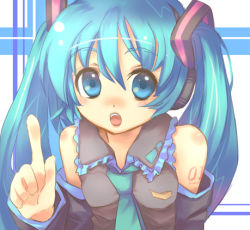 Rule 34 | 1girl, aqua hair, bare shoulders, blue eyes, blue hair, detached sleeves, hatsune miku, index finger raised, long hair, lowres, matching hair/eyes, necktie, open mouth, pointing, pointing up, solo, twintails, vocaloid, yamada ako