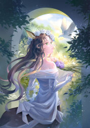 Rule 34 | 1girl, absurdres, animal ears, arch, bare shoulders, bird, blue sky, bouquet, brown hair, centauroid, cloud, day, deer ears, deer girl, flower, flower wreath, from side, green eyes, head wreath, highres, holding, holding bouquet, indoors, jessica (reverse:1999), leaf, long hair, long sleeves, looking at animal, off-shoulder shirt, off shoulder, parted lips, plant, profile, purple flower, reverse:1999, shirt, sky, sleeves past wrists, solo, taur, upper body, uuz, white bird, white flower, white shirt