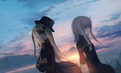 Rule 34 | 2girls, abigail williams (fate), albino, arms behind back, bags under eyes, black bow, black dress, blonde hair, blue eyes, blue sky, bow, carrying, cityscape, cloud, cloudy sky, commentary, cowboy shot, dark clouds, dress, dutch angle, fate/grand order, fate (series), frilled sleeves, frills, from side, frown, hair bow, hands in opposite sleeves, hat, highres, horns, lavinia whateley (fate), long hair, long sleeves, looking at viewer, looking away, looking down, looking to the side, medium hair, medium sleeves, mifuru, multiple girls, outdoors, pale skin, pink sky, profile, puffy short sleeves, puffy sleeves, red eyes, ribbed dress, sad, short sleeves, sidelocks, single horn, sky, standing, straight hair, stuffed animal, stuffed toy, sun, sunset, teddy bear, top hat, white hair, yellow bow