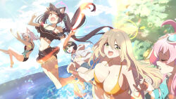 Rule 34 | 5girls, ahoge, animal ears, ass, ayane (blue archive), ayane (swimsuit) (blue archive), barefoot, bikini, black bikini, black hair, black one-piece swimsuit, blonde hair, blue archive, blue sky, breasts, cat ears, cleavage, closed eyes, cloud, comiket 102, commentary request, day, extra ears, fang, foreclosure task force (blue archive), frilled bikini, frills, green eyes, green halo, halo, halterneck, hoshino (blue archive), hoshino (swimsuit) (blue archive), jacket, jumping, large breasts, lens flare, long hair, looking at another, looking back, medium breasts, momiji oroshi, multiple girls, nonomi (blue archive), nonomi (swimsuit) (blue archive), ocean, official alternate costume, one-piece swimsuit, open clothes, open jacket, open mouth, outdoors, pink hair, pointy ears, red eyes, serika (blue archive), serika (swimsuit) (blue archive), shiroko (blue archive), shiroko (swimsuit) (blue archive), short hair, shorts, skin fang, sky, small breasts, smile, summer, sunlight, sweatdrop, swimsuit, tree, twintails, white jacket, wolf ears, yellow bikini