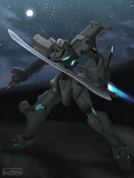 Rule 34 | absurdres, artist name, assault visor, gun, hattorin, highres, holding, holding gun, holding sword, holding weapon, mecha, muv-luv, muv-luv alternative, night, night sky, no humans, robot, sky, solo, sword, tactical surface fighter, type 94 shiranui, weapon