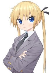 Rule 34 | 1girl, black necktie, black ribbon, blazer, blonde hair, blue eyes, collared shirt, commentary, grey jacket, hair ribbon, highres, jacket, kill me baby, light blush, long hair, long sleeves, looking at viewer, necktie, ribbon, school uniform, shirt, simple background, solo, sonya (kill me baby), twintails, upper body, white background, white shirt, yachima tana