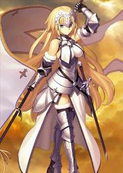 Rule 34 | 1girl, armor, armored boots, banner, blonde hair, blue eyes, boots, breasts, fate/apocrypha, fate/grand order, fate (series), female focus, gauntlets, headpiece, jeanne d&#039;arc (fate), jeanne d&#039;arc (ruler) (fate), jeanne d&#039;arc (third ascension) (fate), large breasts, long hair, resized, smile, solo, sword, takeuchi takashi, upscaled, very long hair, waifu2x, weapon